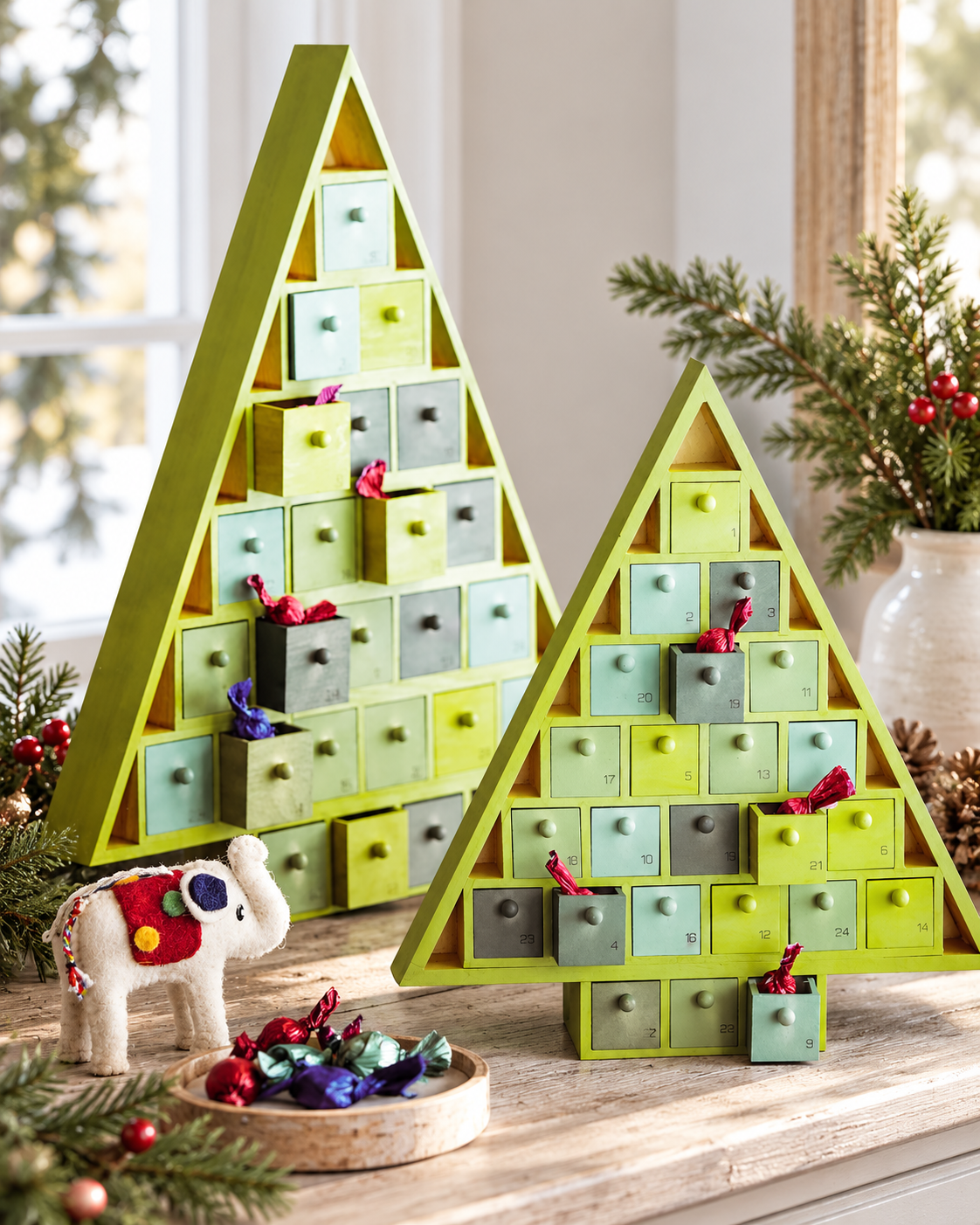 Green Advent Trees Wooden Storage