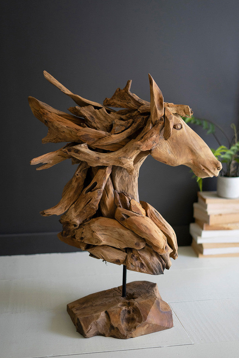 Teakwood Horse Head Sculpture With Iron Base By Kalalou | Sculptures | Modishstore