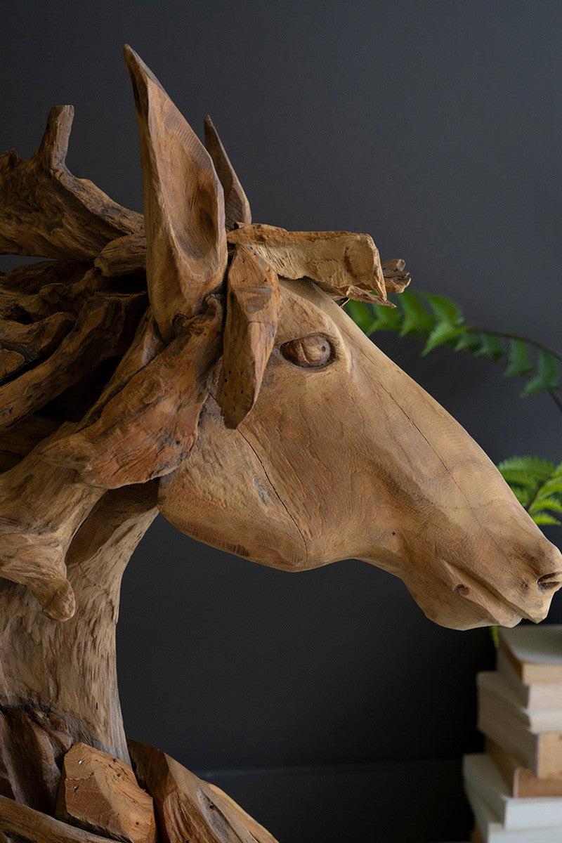 Teakwood Horse Head Sculpture With Iron Base By Kalalou | Sculptures | Modishstore - 2