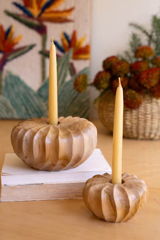 Set Of Two Carved Teakwood Taper Candle Holders By Kalalou