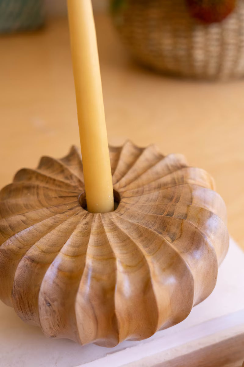 Set Of Two Carved Teakwood Taper Candle Holders By Kalalou