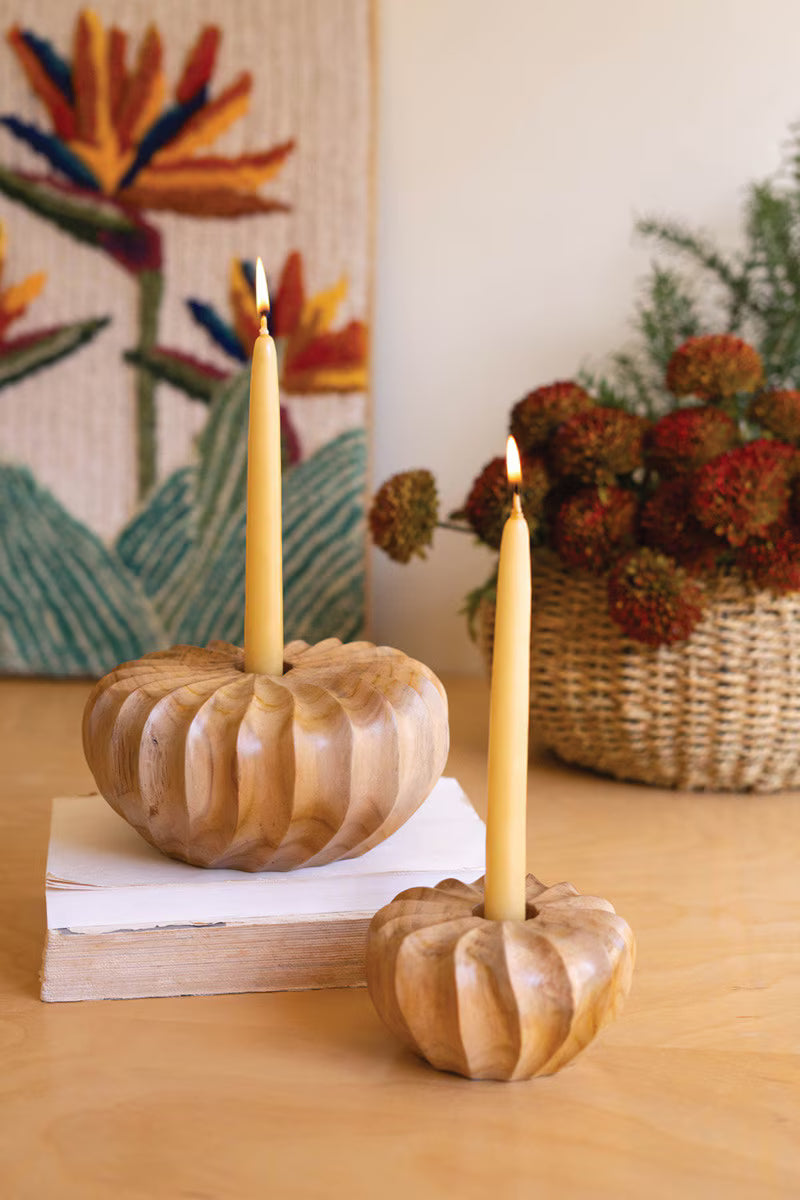 Set Of Two Carved Teakwood Taper Candle Holders By Kalalou