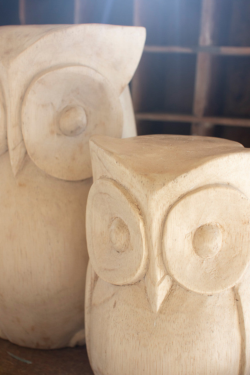 Carved Wooden Owl Statues Set Of 2 By Kalalou | Ornaments | Modishstore - 2