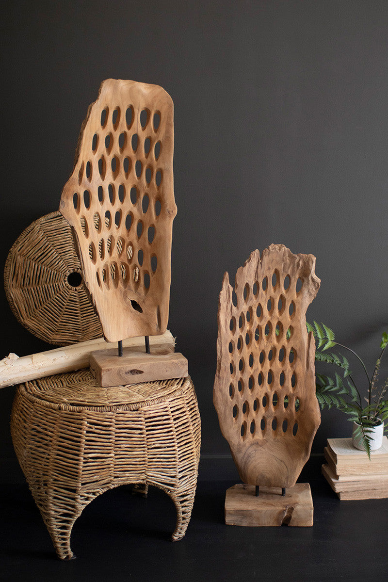 Carved Teak Wood Scuplture On A Base - Perforated By Kalalou | Sculptures | Modishstore