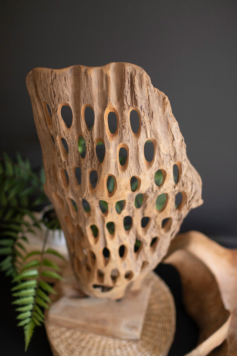 Carved Teak Wood Scuplture On A Base - Perforated By Kalalou | Sculptures | Modishstore - 2