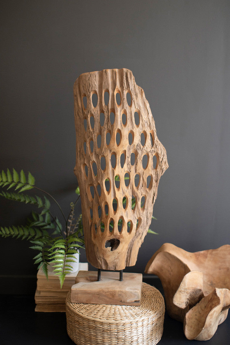 Carved Teak Wood Scuplture On A Base - Perforated By Kalalou | Sculptures | Modishstore - 3