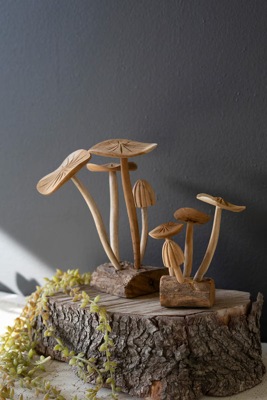 Set Of Two Hand-Carved Teak Wood Mushroom Clusters By Kalalou