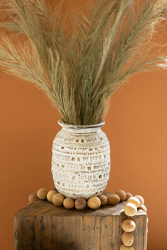 Carved Decorative Urn - Natural And White By Kalalou | Planters, Troughs & Cachepots | Modishstore