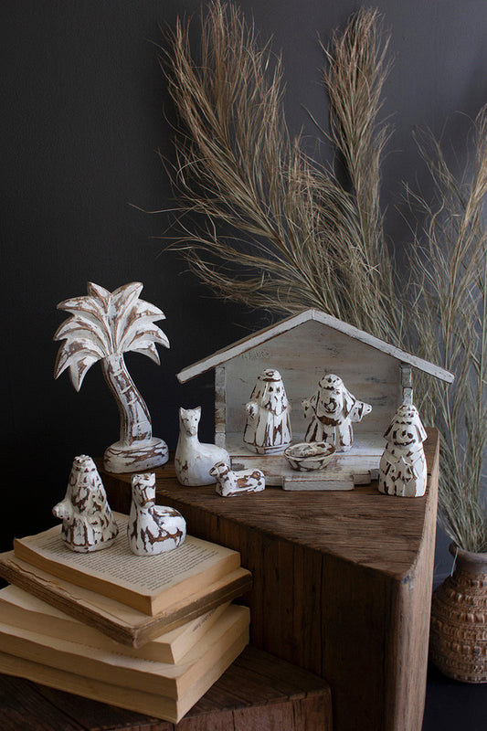 Painted Wooden Nativity Set - Distressed By Kalalou | Ornaments | Modishstore