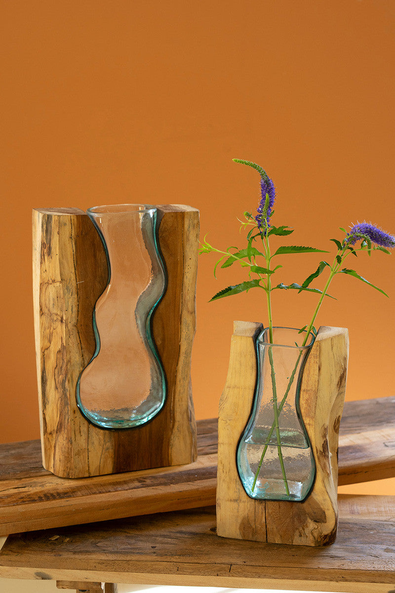 Blown Glass Vase Inside Of Teak Wood - Large By Kalalou | Vases | Modishstore