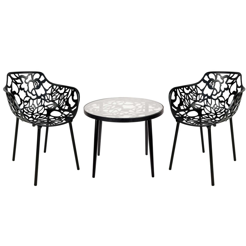 LeisureMod Devon Mid-Century Modern 3-Piece Aluminum Outdoor Patio Dining Set with Tempered Glass Top Table and 2 Stackable
 - DT20CABL2 | Outdoor Dining Sets | Modishstore - 2