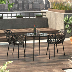 LeisureMod Devon Mid-Century Modern 3-Piece Aluminum Outdoor Patio Dining Set with Tempered Glass Top Table and 2 Stackable
 - DT20CABL2