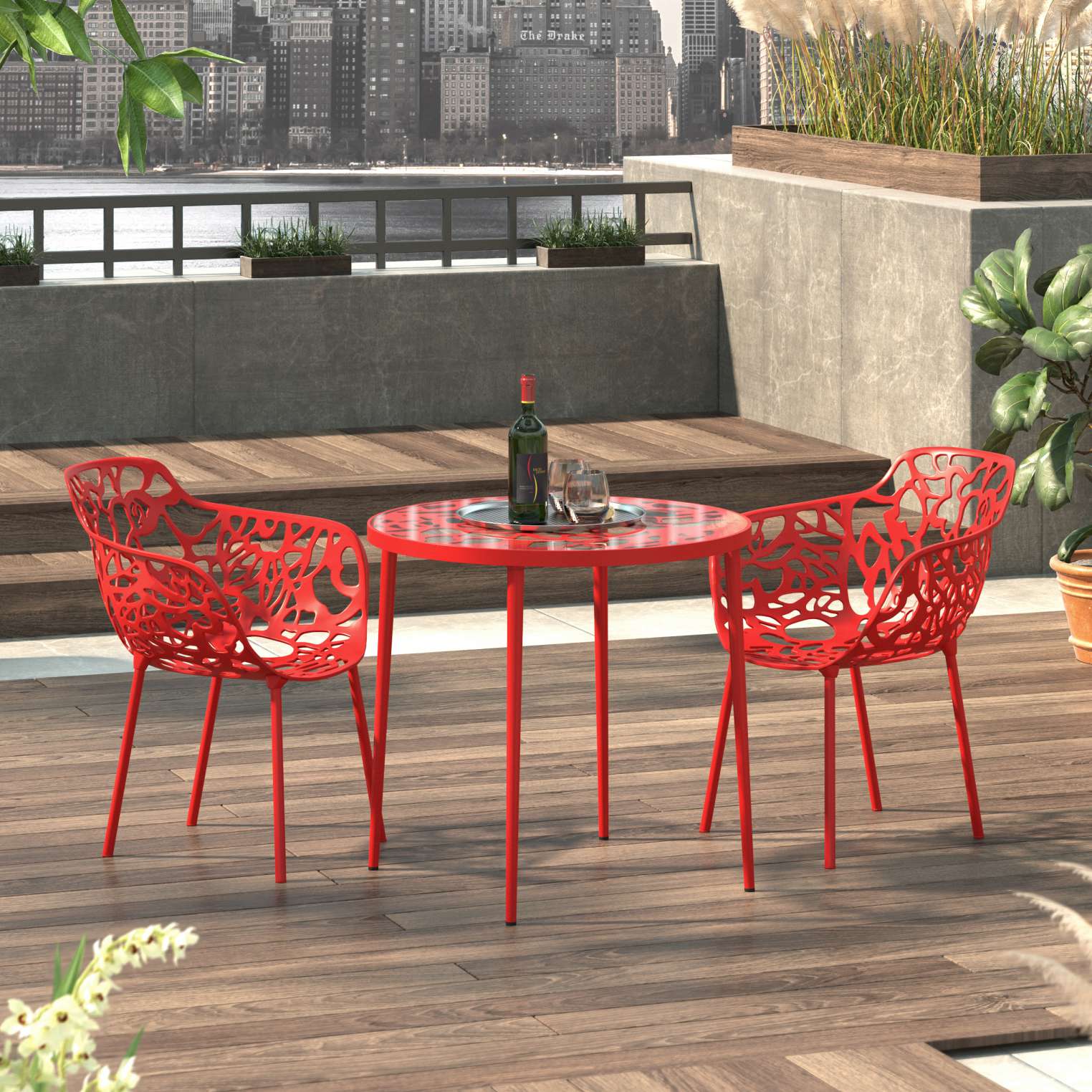 LeisureMod Devon Mid-Century Modern 3-Piece Aluminum Outdoor Patio Dining Set with Tempered Glass Top Table and 2 Stackable
 - DT20CABL2 | Outdoor Dining Sets | Modishstore - 34