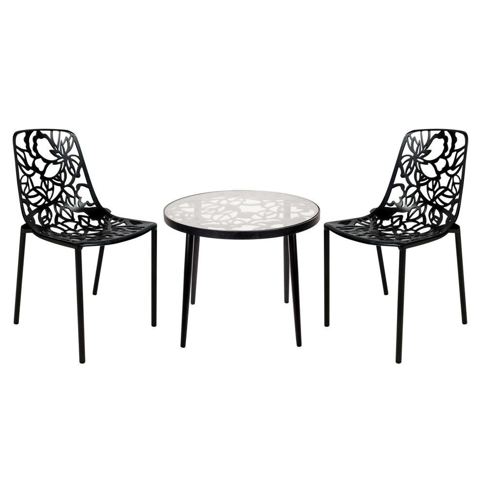 LeisureMod Devon Mid-Century Modern 3-Piece Aluminum Outdoor Patio Dining Set with Tempered Glass Top Table and 2 Stackable
 - DT20CBL | Outdoor Dining Sets | Modishstore - 2