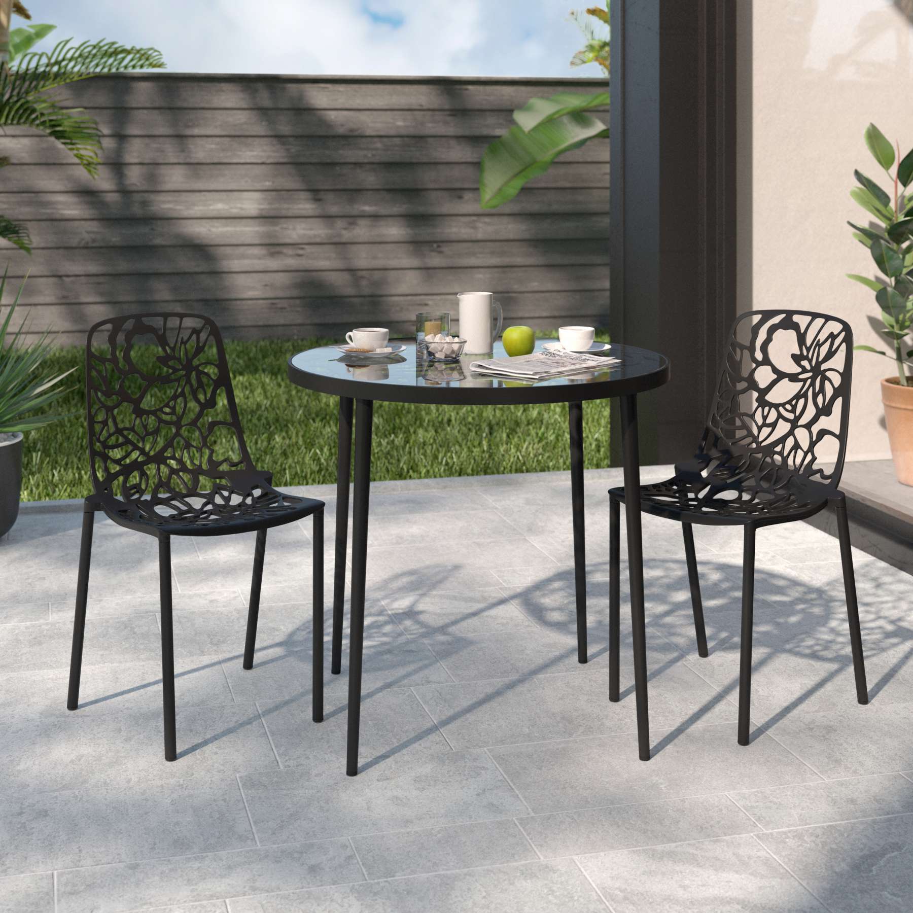 LeisureMod Devon Mid-Century Modern 3-Piece Aluminum Outdoor Patio Dining Set with Tempered Glass Top Table and 2 Stackable
 - DT20CBL | Outdoor Dining Sets | Modishstore