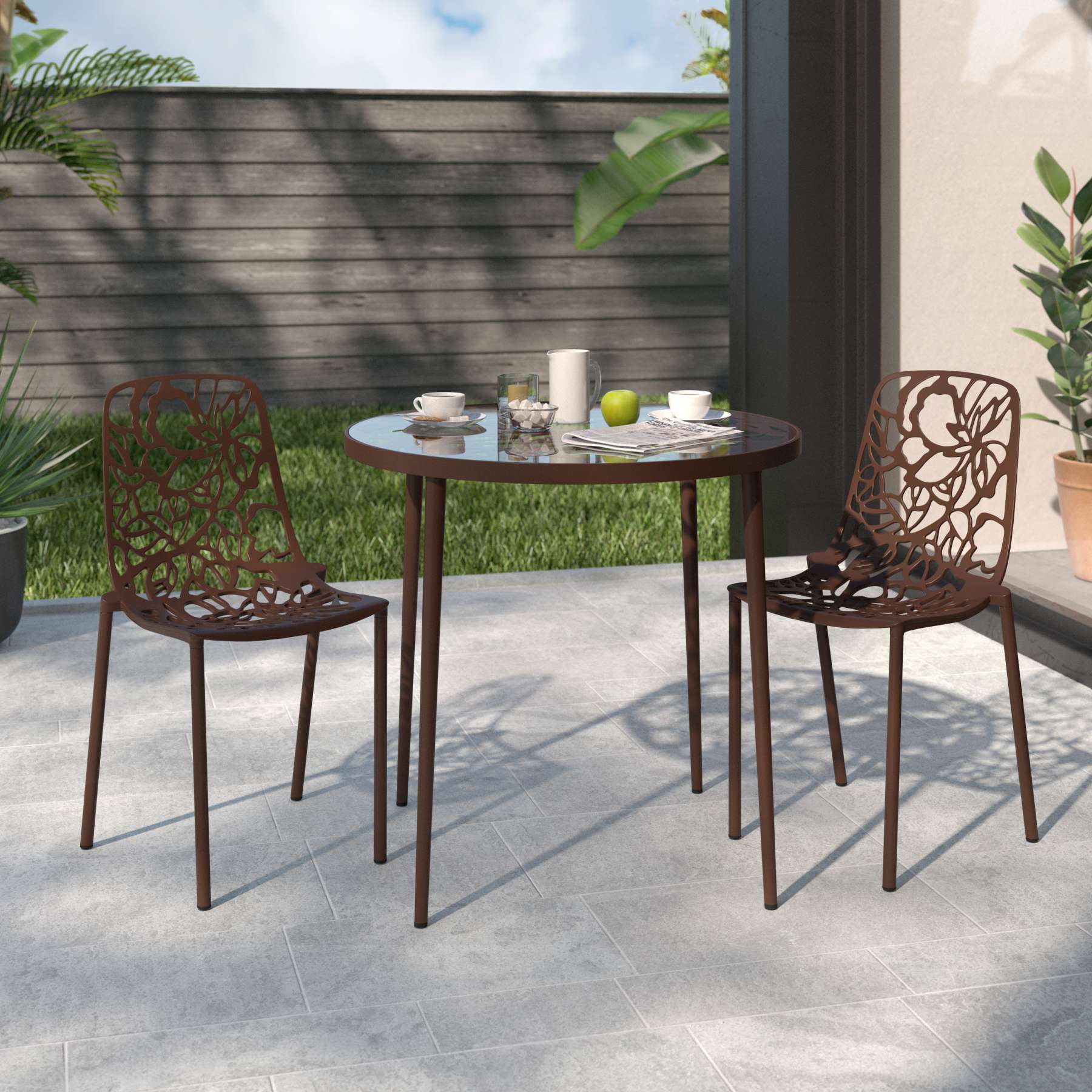 LeisureMod Devon Mid-Century Modern 3-Piece Aluminum Outdoor Patio Dining Set with Tempered Glass Top Table and 2 Stackable
 - DT20CBL | Outdoor Dining Sets | Modishstore - 13