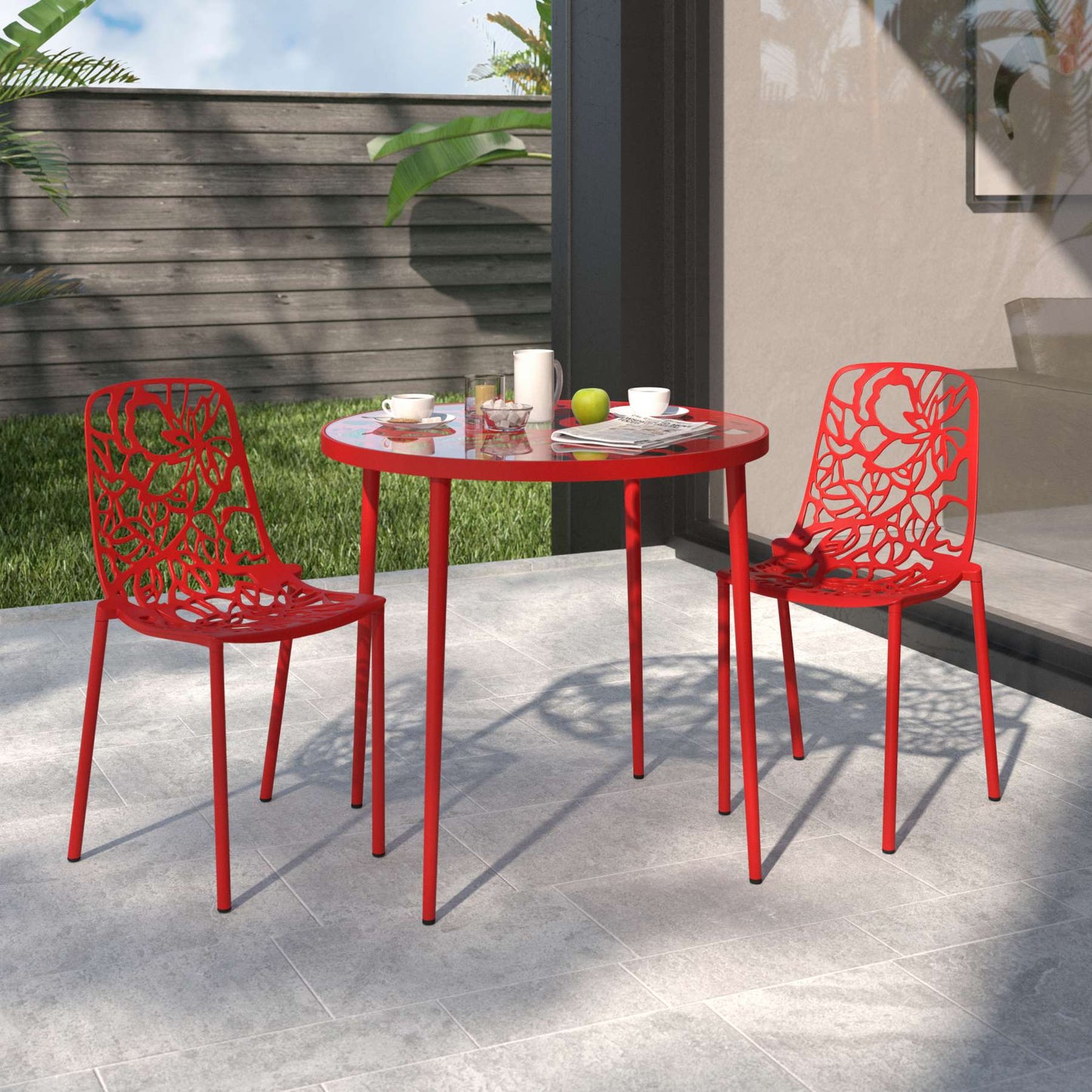 LeisureMod Devon Mid-Century Modern 3-Piece Aluminum Outdoor Patio Dining Set with Tempered Glass Top Table and 2 Stackable
 - DT20CBL | Outdoor Dining Sets | Modishstore - 34