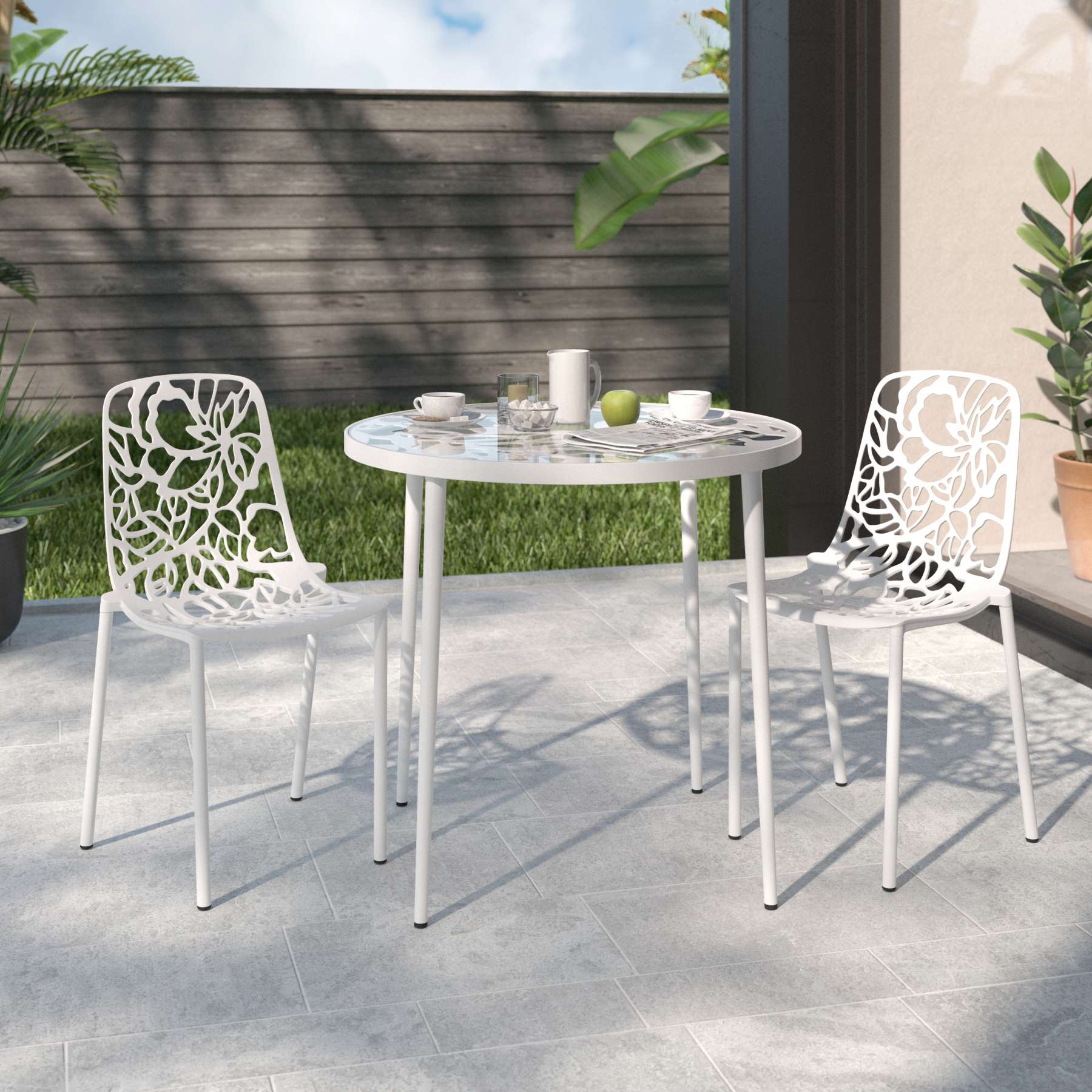 LeisureMod Devon Mid-Century Modern 3-Piece Aluminum Outdoor Patio Dining Set with Tempered Glass Top Table and 2 Stackable
 - DT20CBL | Outdoor Dining Sets | Modishstore - 50