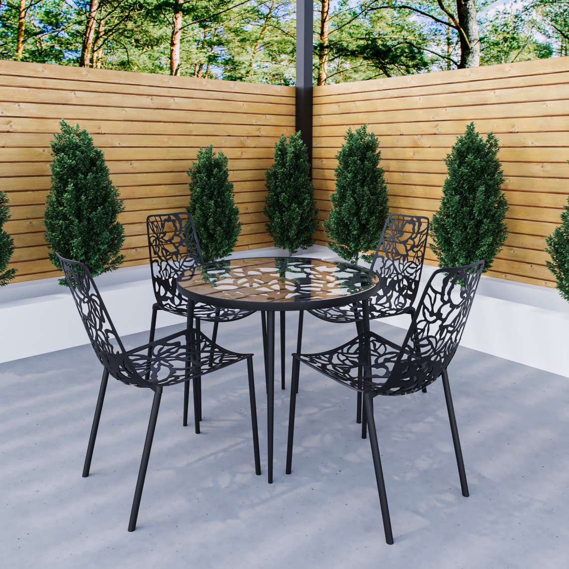 LeisureMod Devon Mid-Century Modern 5-Piece Aluminum Outdoor Patio Dining Set with Tempered Glass Top Table and 4 Stackable
 - DT31C4BL | Outdoor Dining Sets | Modishstore