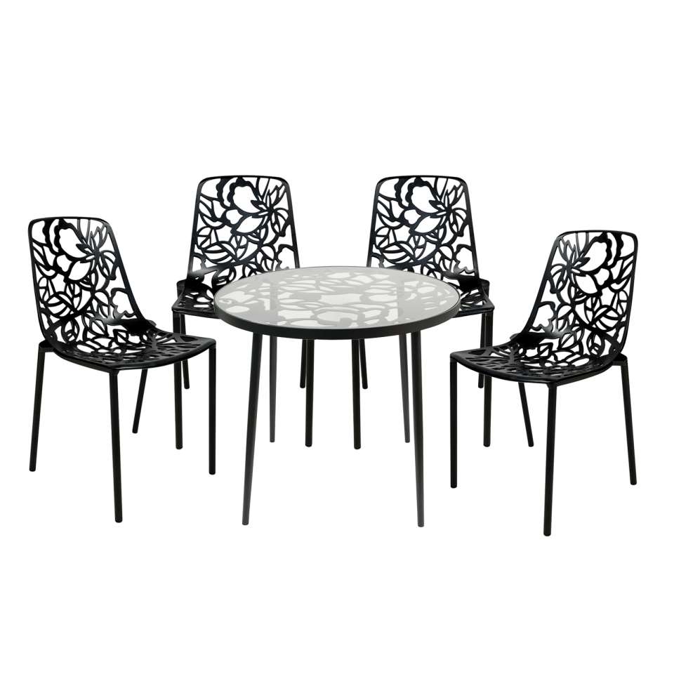 LeisureMod Devon Mid-Century Modern 5-Piece Aluminum Outdoor Patio Dining Set with Tempered Glass Top Table and 4 Stackable
 - DT31C4BL | Outdoor Dining Sets | Modishstore - 2