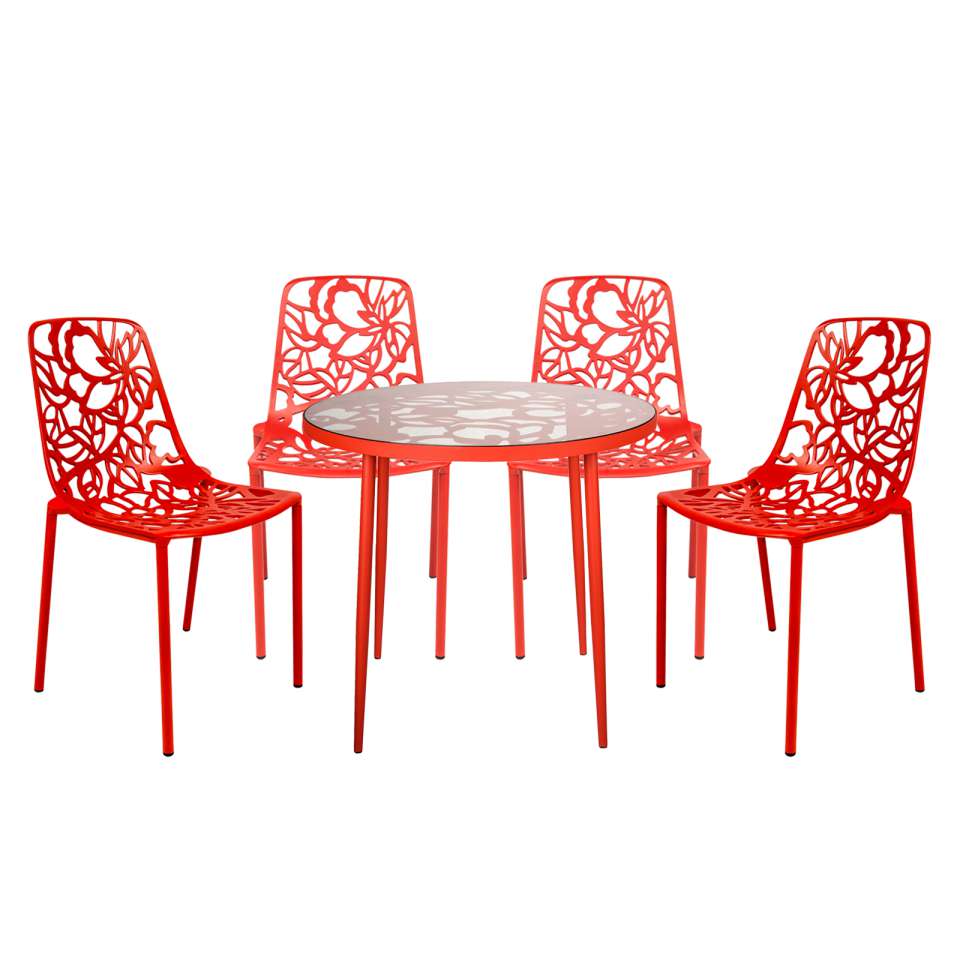 LeisureMod Devon Mid-Century Modern 5-Piece Aluminum Outdoor Patio Dining Set with Tempered Glass Top Table and 4 Stackable
 - DT31C4BL | Outdoor Dining Sets | Modishstore - 34