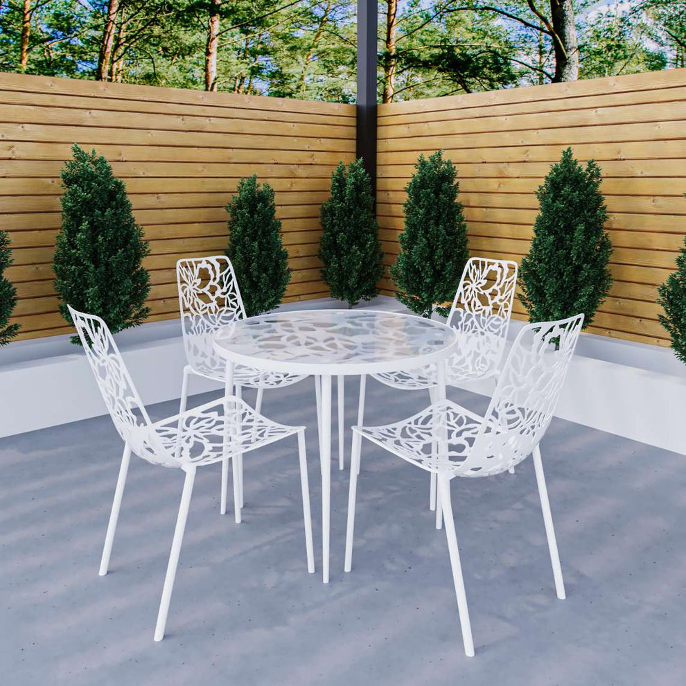 LeisureMod Devon Mid-Century Modern 5-Piece Aluminum Outdoor Patio Dining Set with Tempered Glass Top Table and 4 Stackable
 - DT31C4BL | Outdoor Dining Sets | Modishstore - 49