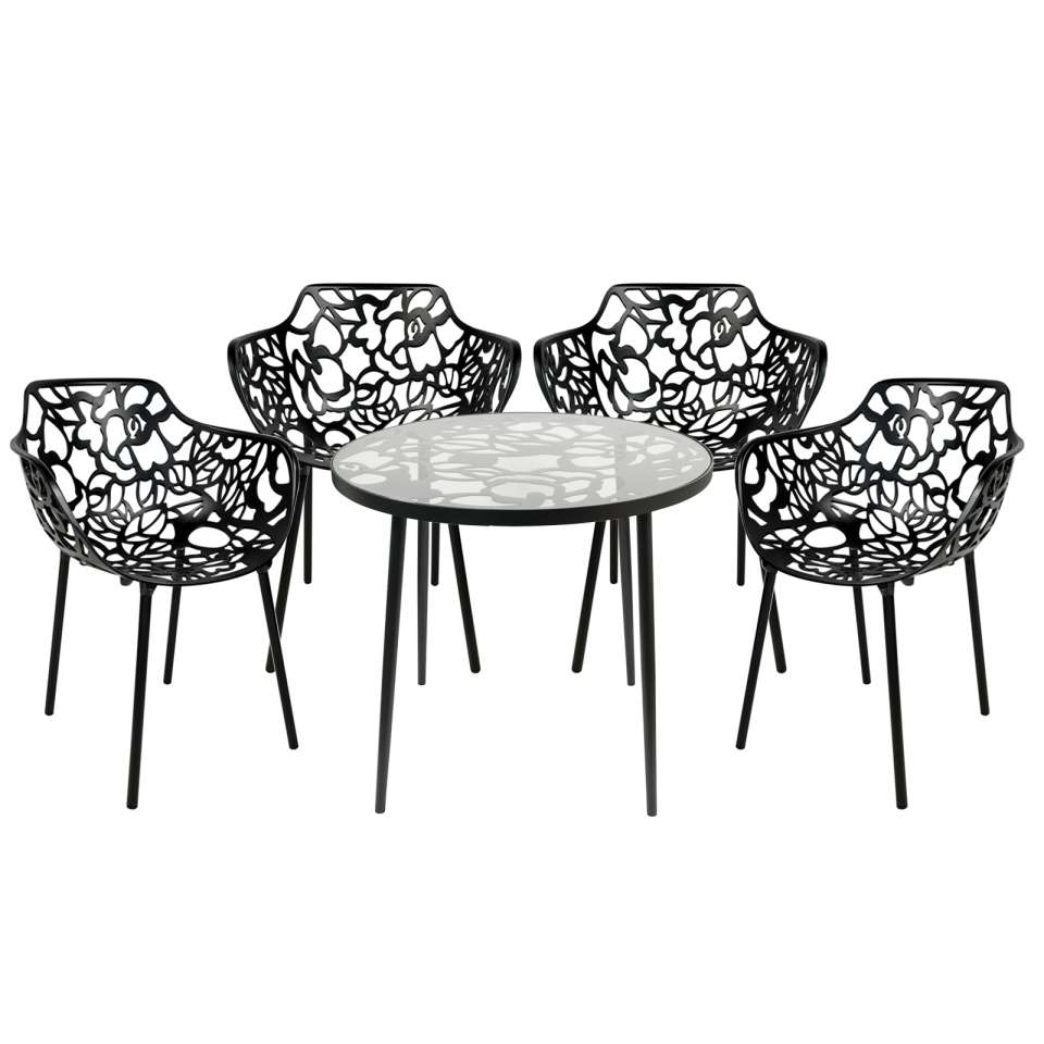 LeisureMod Devon Mid-Century Modern 5-Piece Aluminum Outdoor Patio Dining Set with Tempered Glass Top Table and 4 Stackable
 - DT31CABL4 | Outdoor Dining Sets | Modishstore