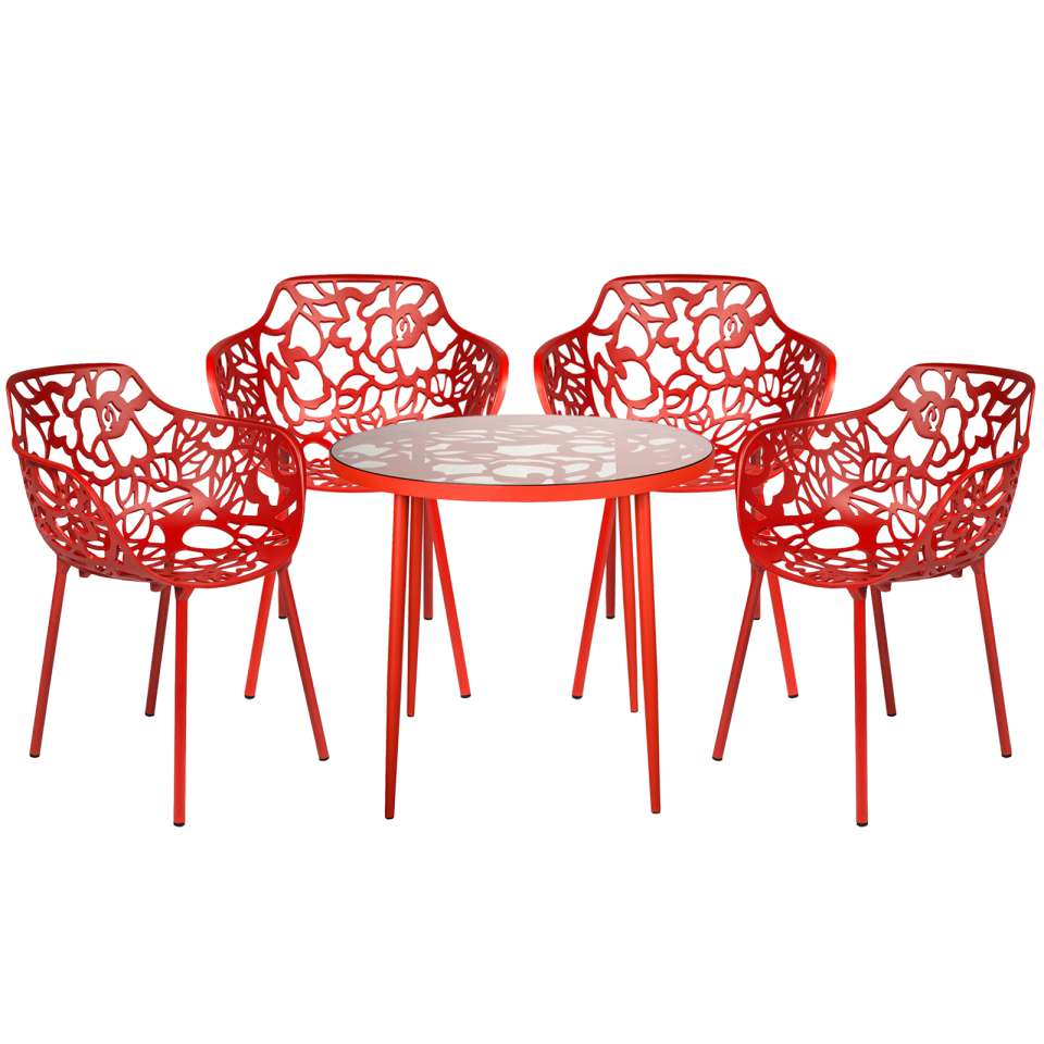 LeisureMod Devon Mid-Century Modern 5-Piece Aluminum Outdoor Patio Dining Set with Tempered Glass Top Table and 4 Stackable
 - DT31CABL4 | Outdoor Dining Sets | Modishstore - 31