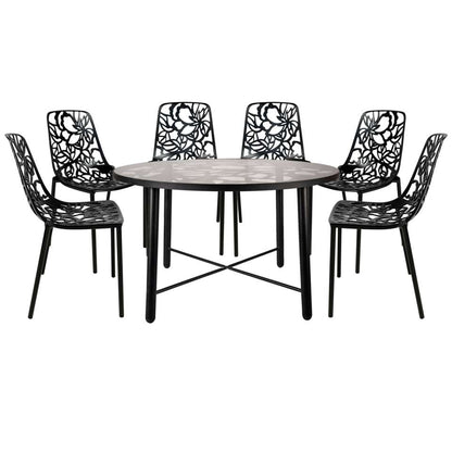 LeisureMod Devon Mid-Century Modern 7-Piece Aluminum Outdoor Patio Dining Set with Tempered Glass Top Table and 6 Stackable
 - DT48C6BL | Outdoor Dining Sets | Modishstore