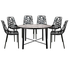 LeisureMod Devon Mid-Century Modern 7-Piece Aluminum Outdoor Patio Dining Set with Tempered Glass Top Table and 6 Stackable
 - DT48C6BL