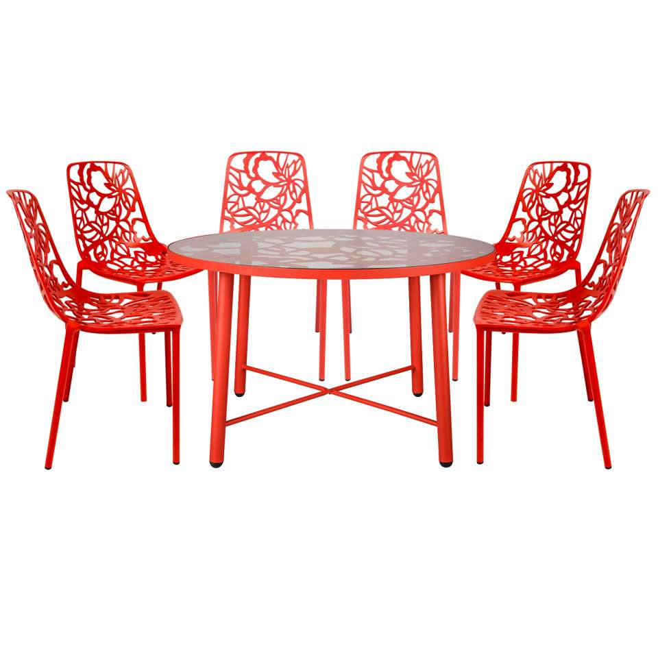 LeisureMod Devon Mid-Century Modern 7-Piece Aluminum Outdoor Patio Dining Set with Tempered Glass Top Table and 6 Stackable
 - DT48C6BL | Outdoor Dining Sets | Modishstore - 29