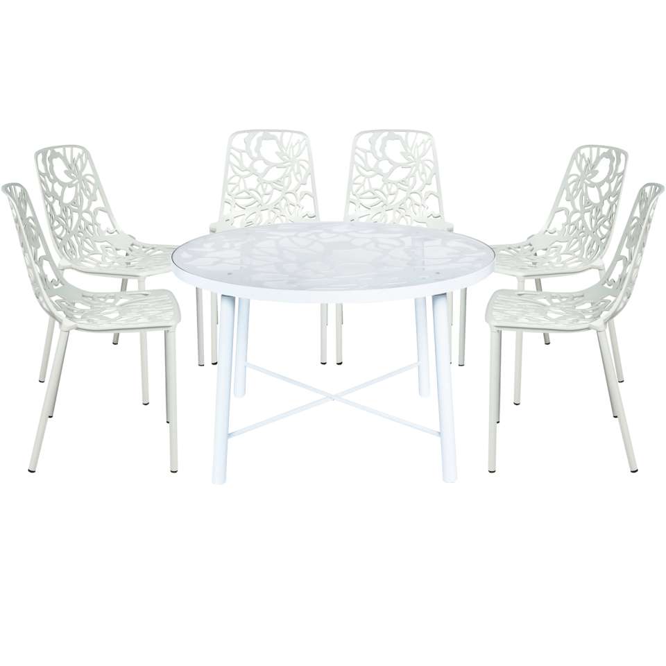 LeisureMod Devon Mid-Century Modern 7-Piece Aluminum Outdoor Patio Dining Set with Tempered Glass Top Table and 6 Stackable
 - DT48C6BL | Outdoor Dining Sets | Modishstore - 43