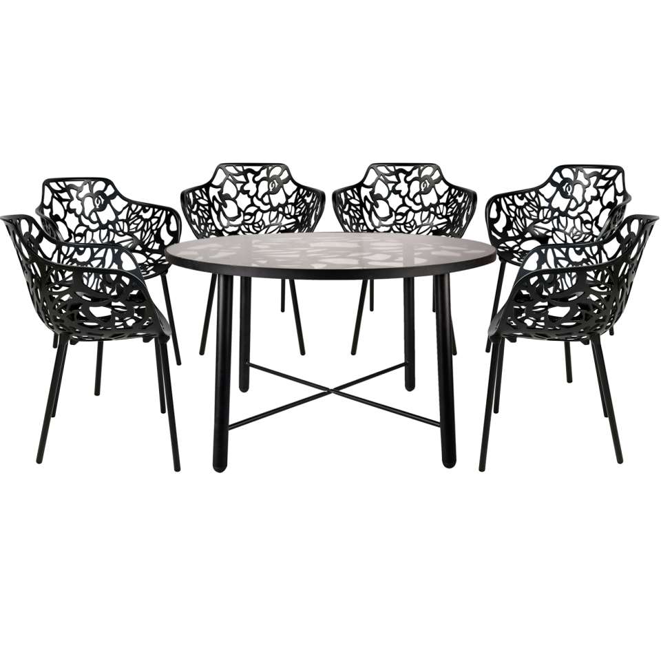 LeisureMod Devon Mid-Century Modern 7-Piece Aluminum Outdoor Patio Dining Set with Tempered Glass Top Table and 6 Stackable
 - DT48CABL6 | Outdoor Dining Sets | Modishstore