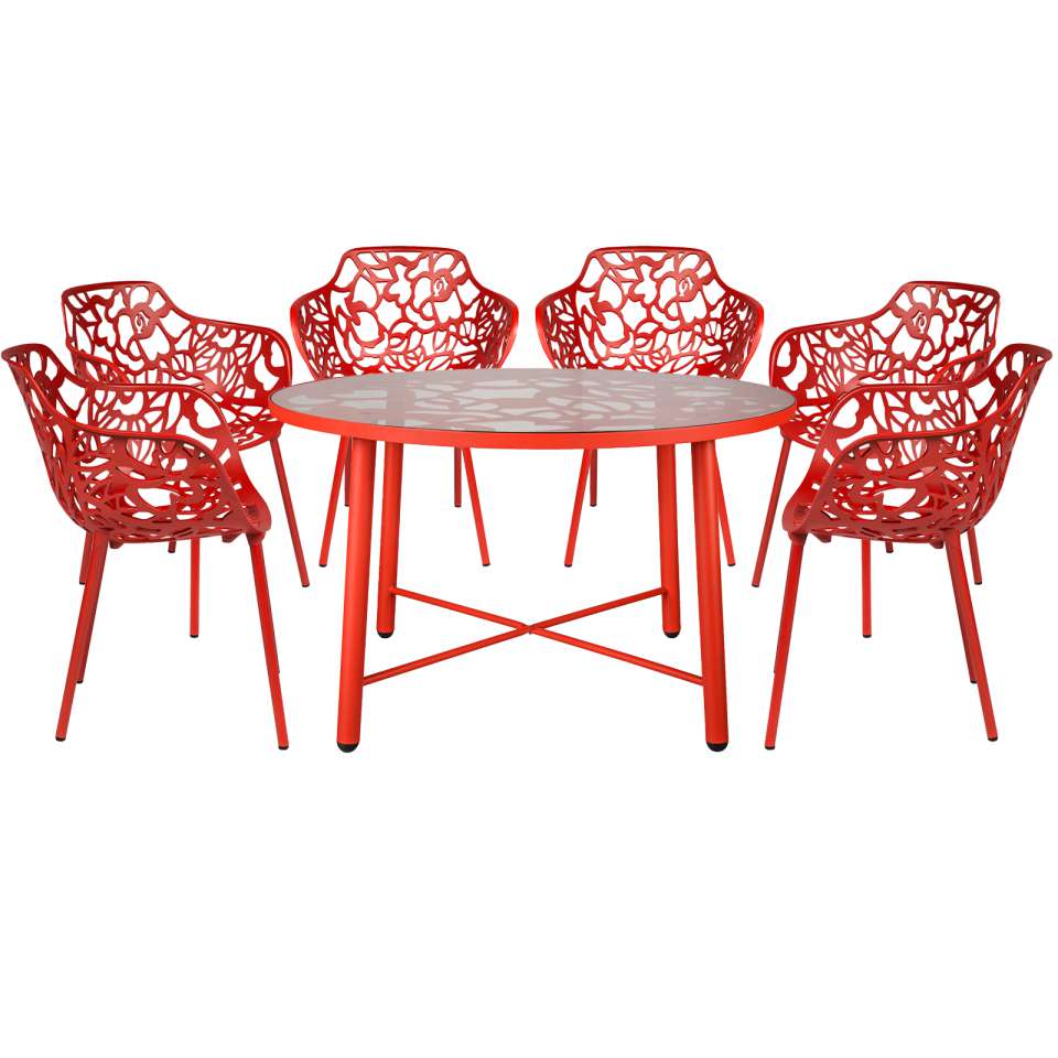 LeisureMod Devon Mid-Century Modern 7-Piece Aluminum Outdoor Patio Dining Set with Tempered Glass Top Table and 6 Stackable
 - DT48CABL6 | Outdoor Dining Sets | Modishstore - 28