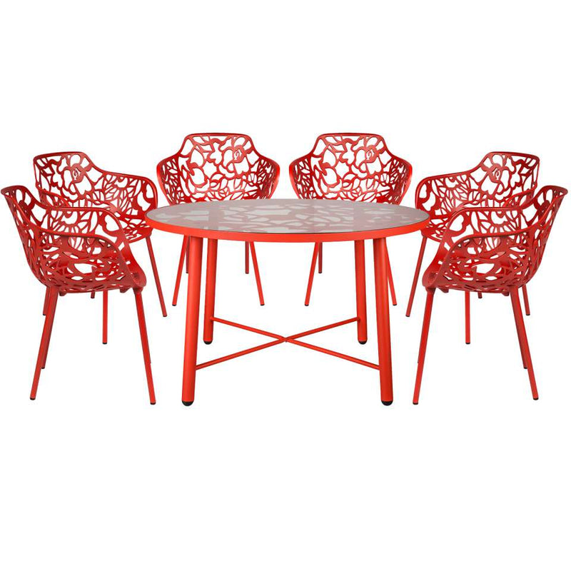 LeisureMod Devon Mid-Century Modern 7-Piece Aluminum Outdoor Patio Dining Set with Tempered Glass Top Table and 6 Stackable
 - DT48CABL6 | Outdoor Dining Sets | Modishstore - 28