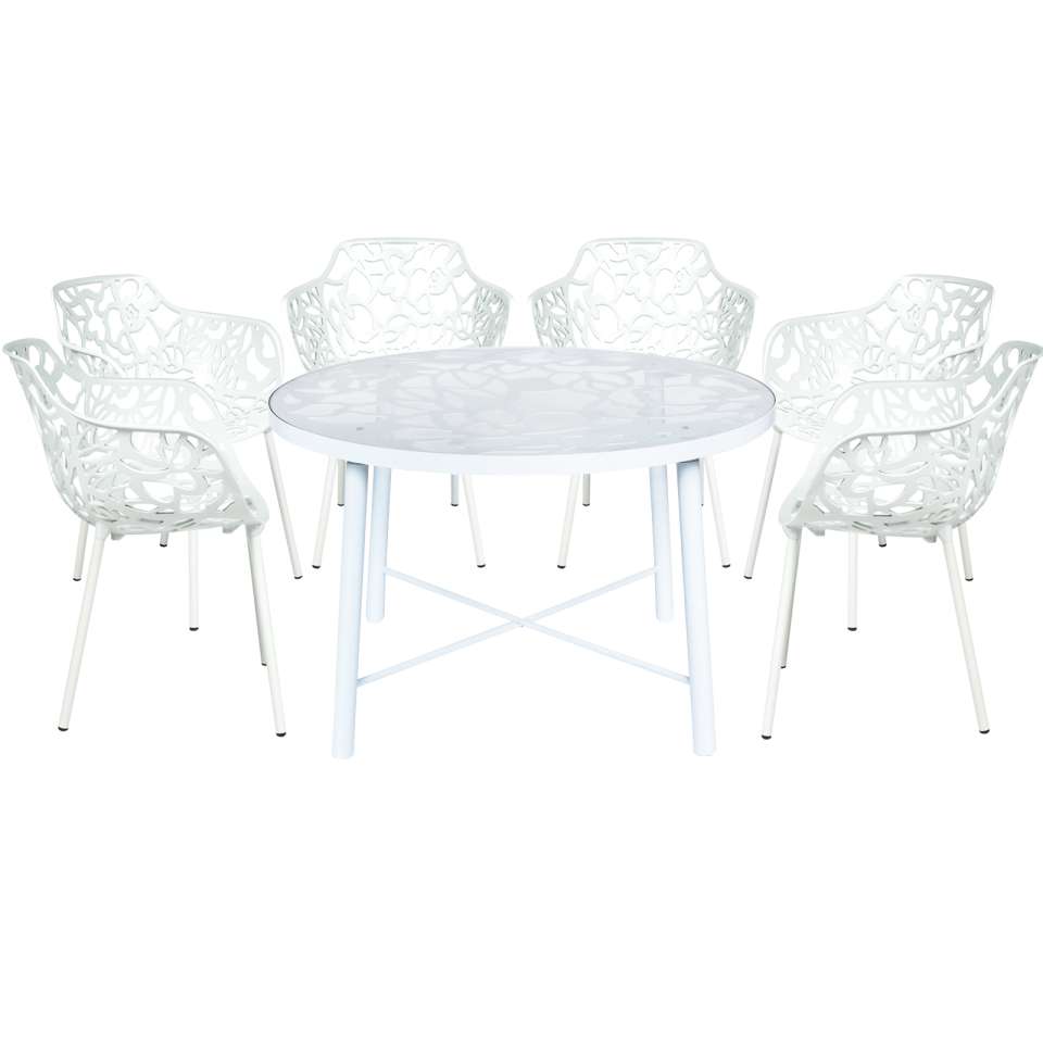 LeisureMod Devon Mid-Century Modern 7-Piece Aluminum Outdoor Patio Dining Set with Tempered Glass Top Table and 6 Stackable
 - DT48CABL6 | Outdoor Dining Sets | Modishstore - 42