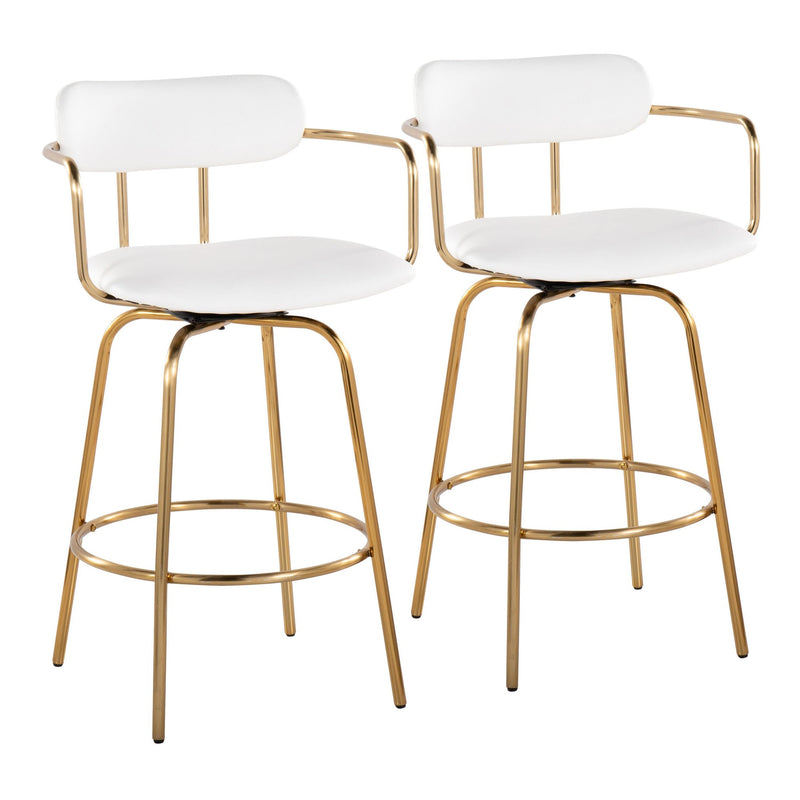 Demi 26" Fixed-Height Counter Stool - Set of 2 Gold Metal, White PU By LumiSource | Counter Stools | Modishstore - 2