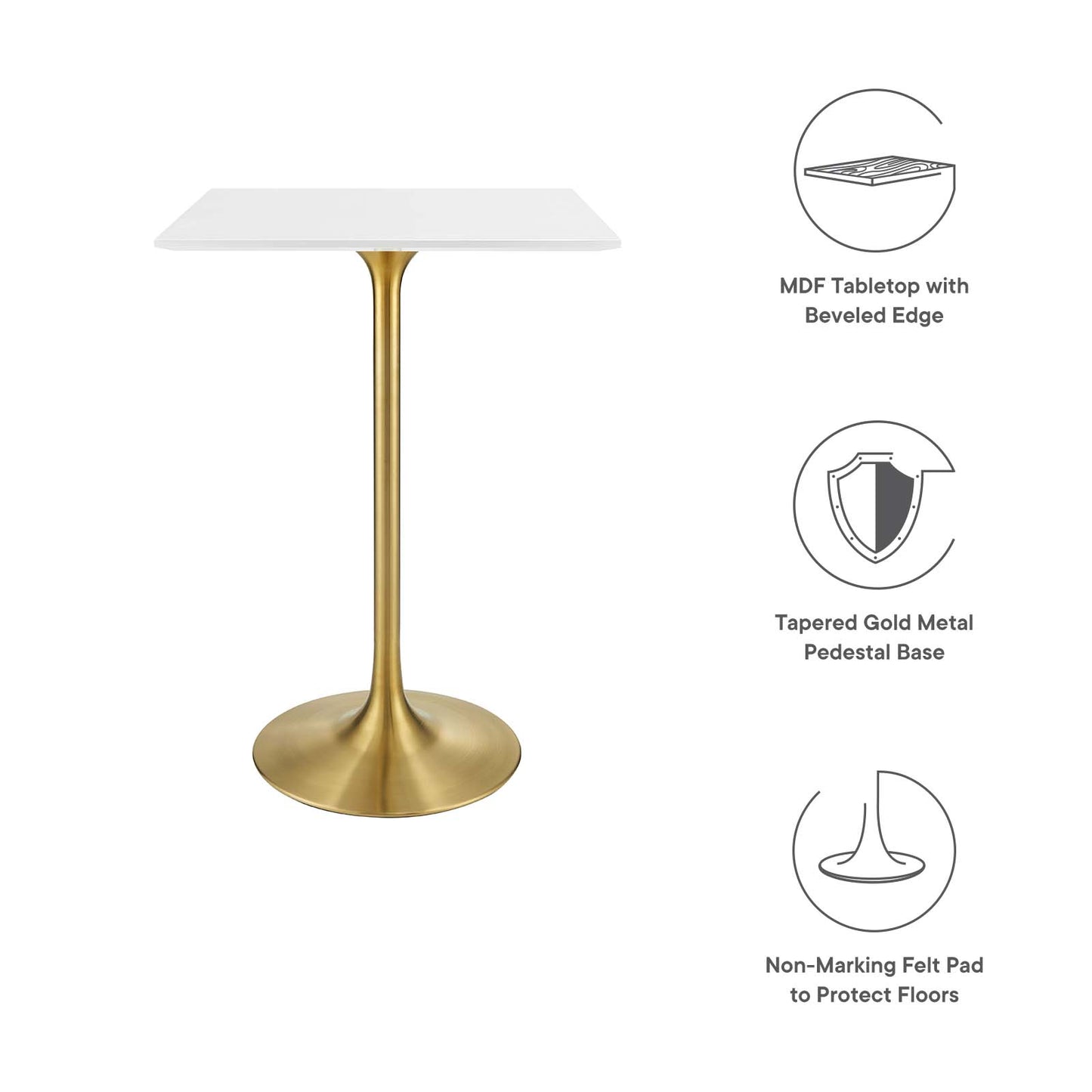 Modway Lippa 28" Square Bar Table Gold White - EEI-3263 | Bar Tables | Modishstore - 10