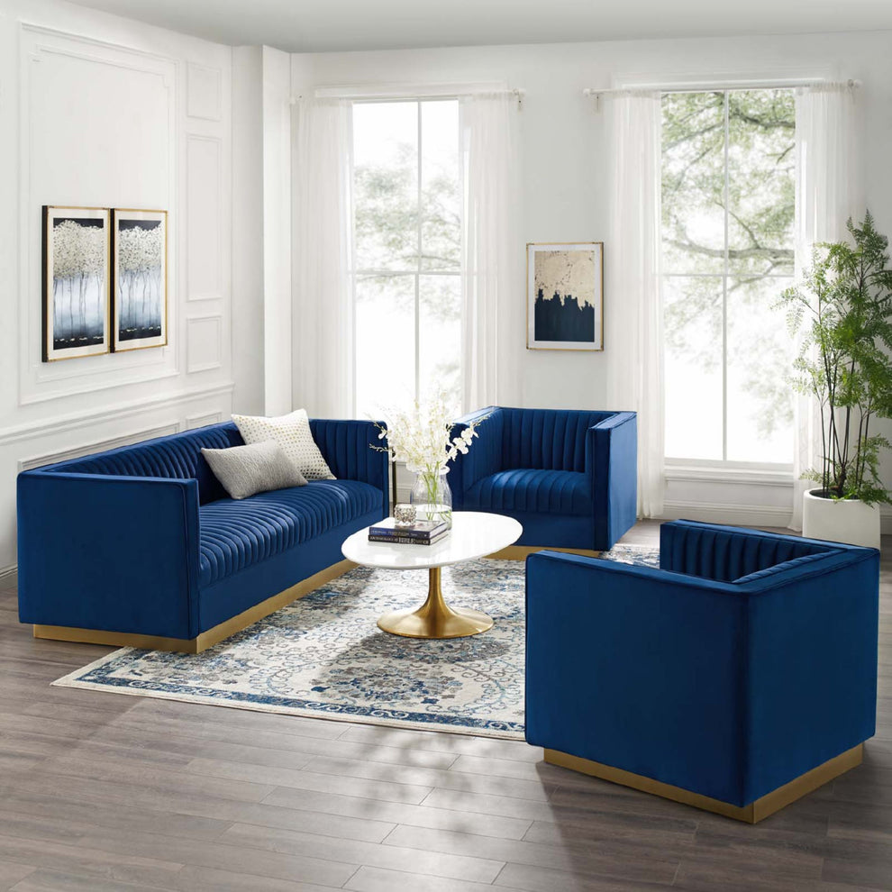 Modway Sanguine 3 Piece Vertical Channel Tufted Upholstered Performance Velvet Set - EEI-4144 | Sofa Set | Modishstore - 8