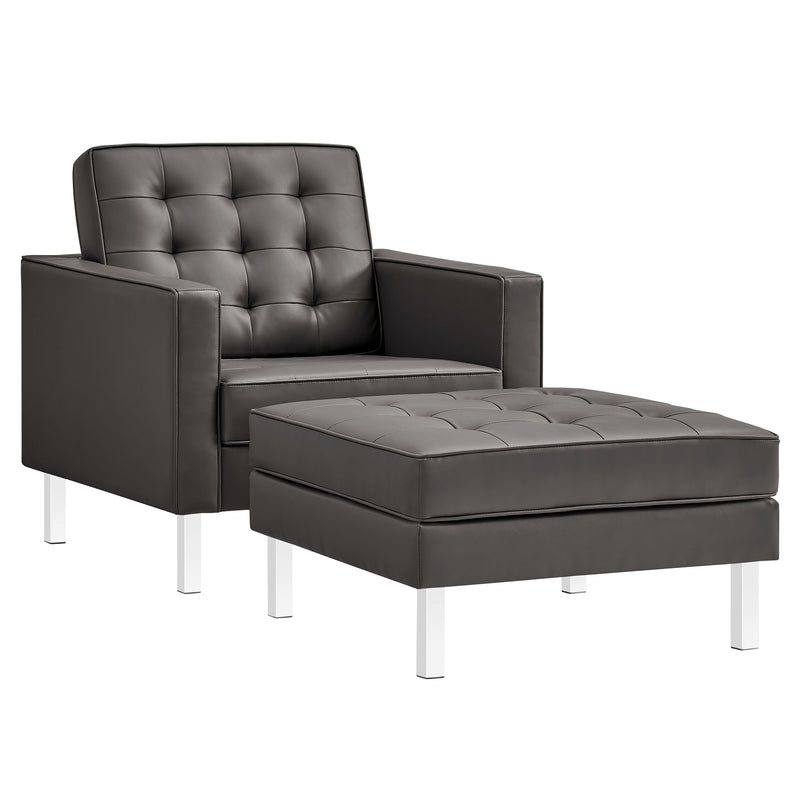 Loft Tufted Vegan Leather Armchair and Ottoman Set - Thumbnail 2