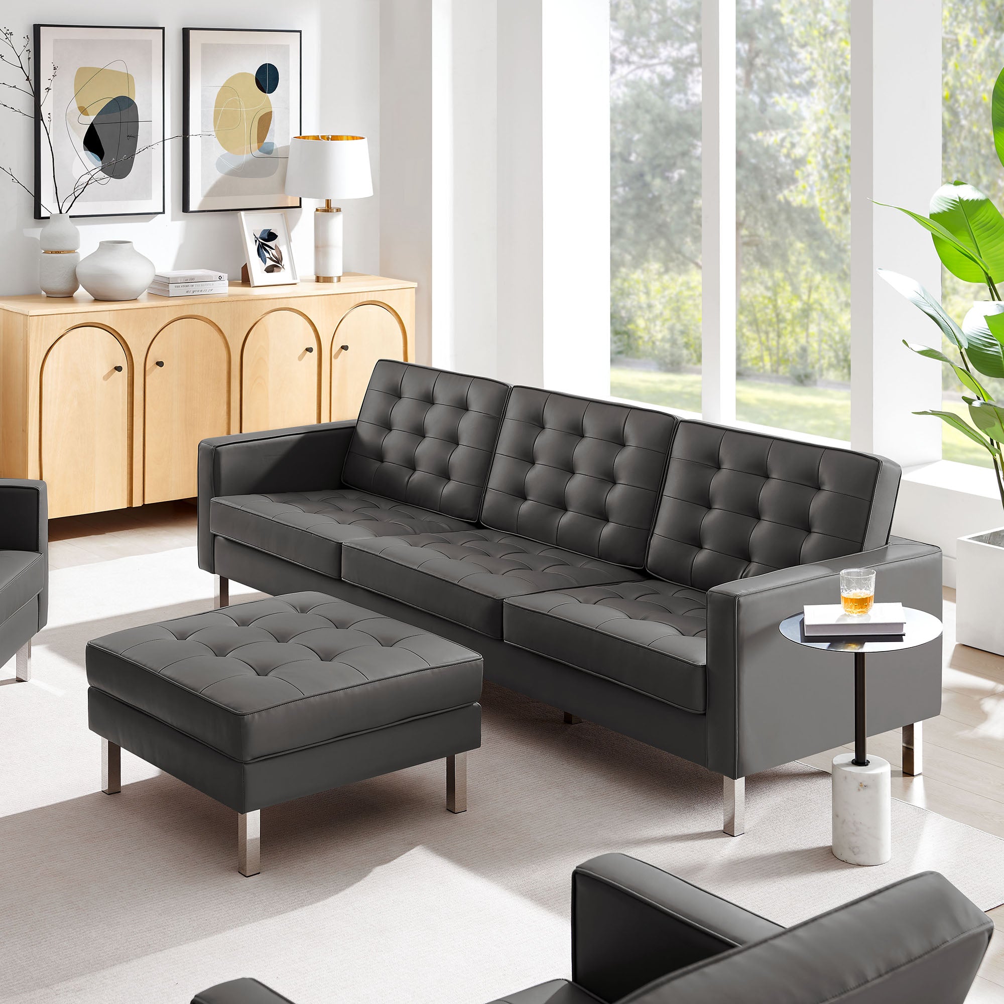 Loft Tufted Vegan Leather Armchair and Ottoman Set - Thumbnail 3