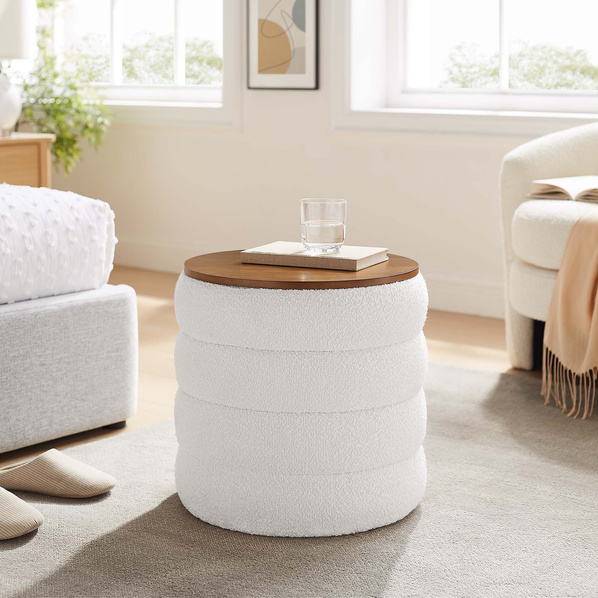 Mezzo Round Boucle Fabric Storage Ottoman - Thumbnail 3