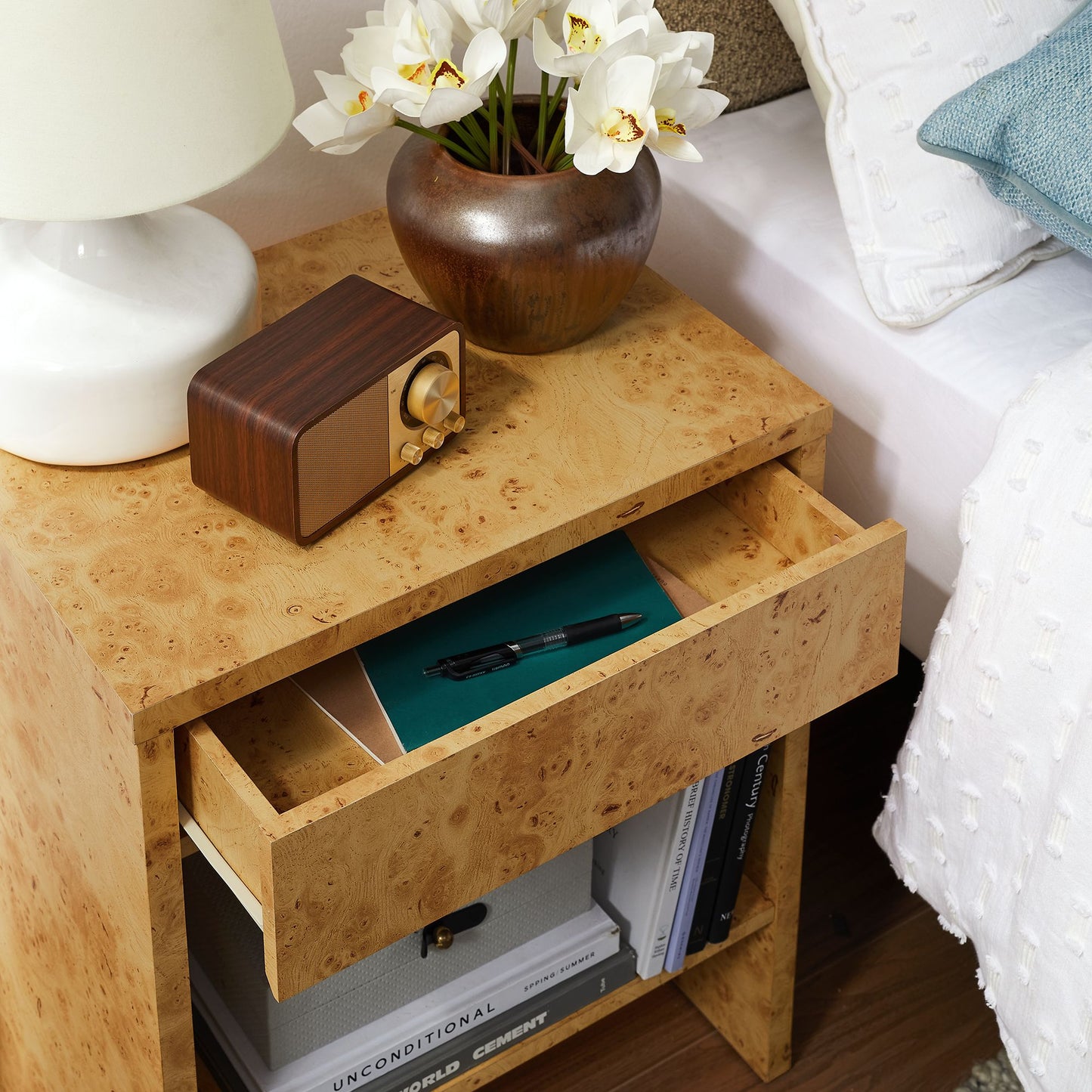 Hudson 1-Drawer Burl Wood Nightstand With Shelf by Modway
