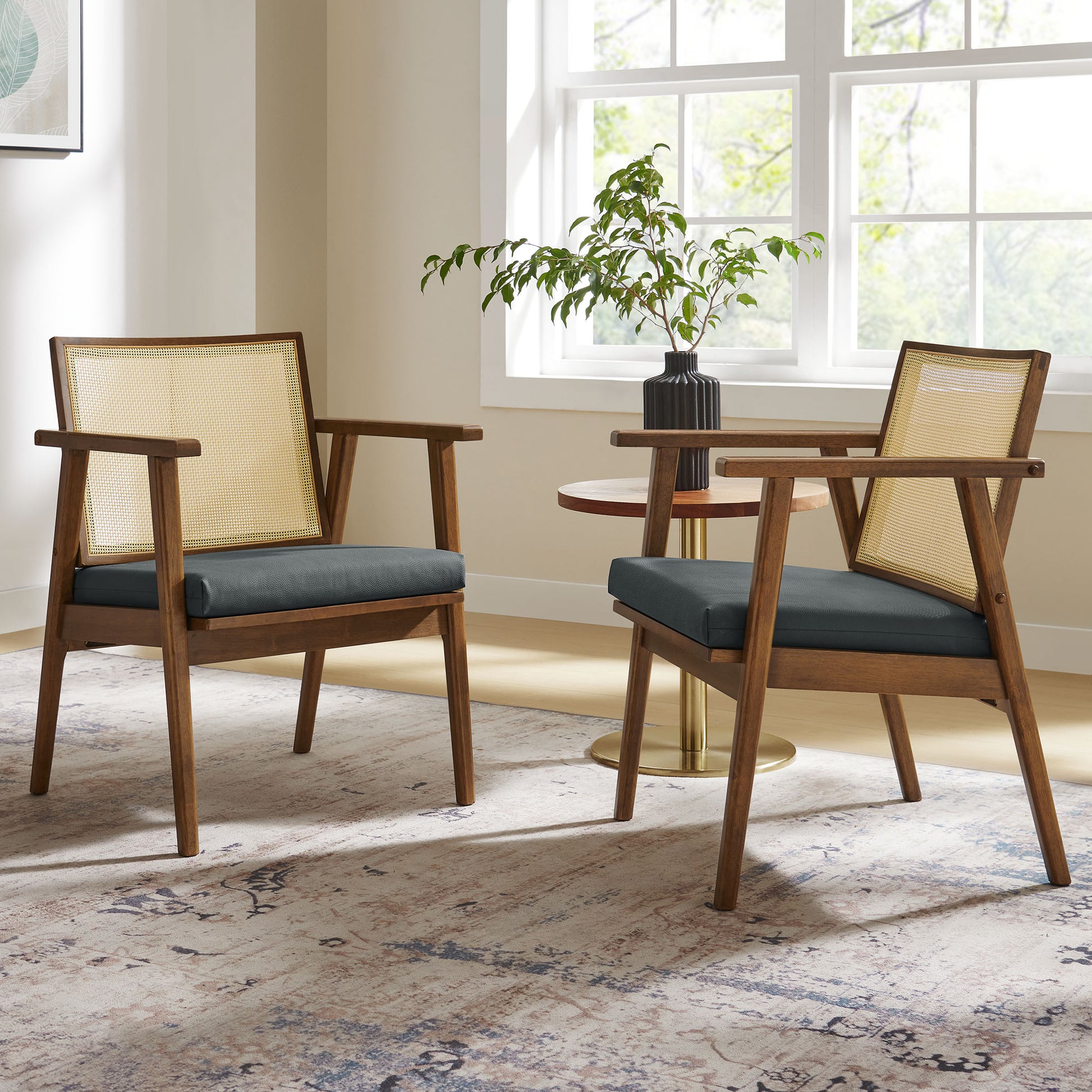 Thera Vegan Leather and Cane Accent Armchairs Set of 2 by Modway | Sofa Set | Modishstore - 1