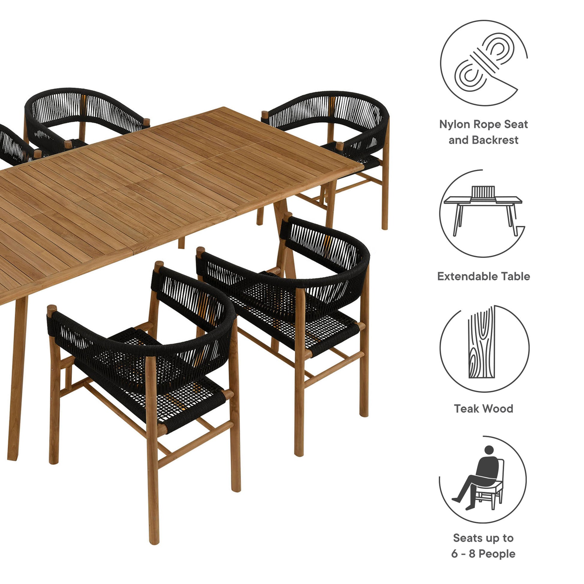 Vienna 7-Piece Outdoor Patio Teak and Rope Dining Set with Curved-Back Armchairs by Modway | Armchairs | Modishstore - 4