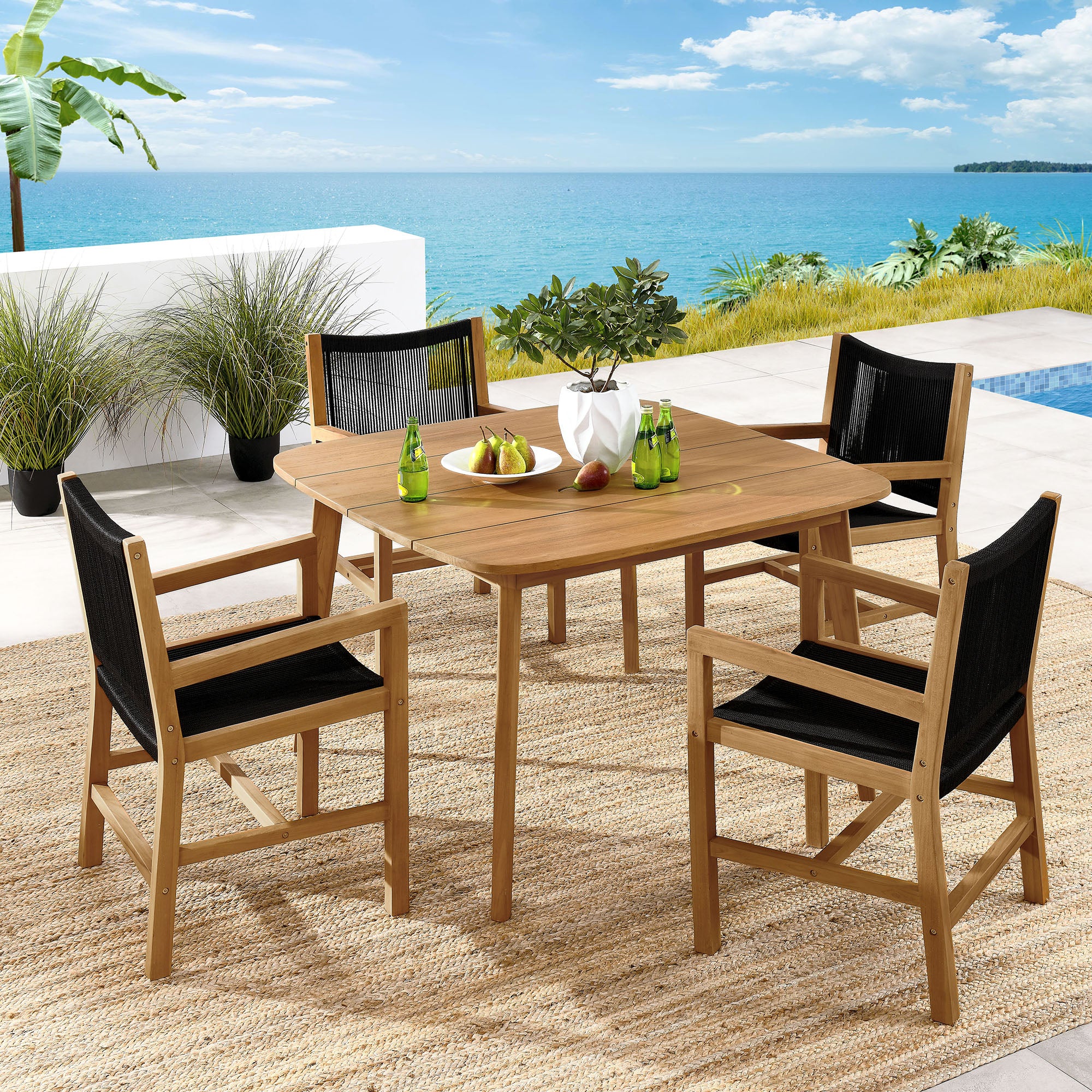 Vienna 5-Piece Outdoor Patio Teak Wood Dining Set with Rope Folding Chairs - Thumbnail 3