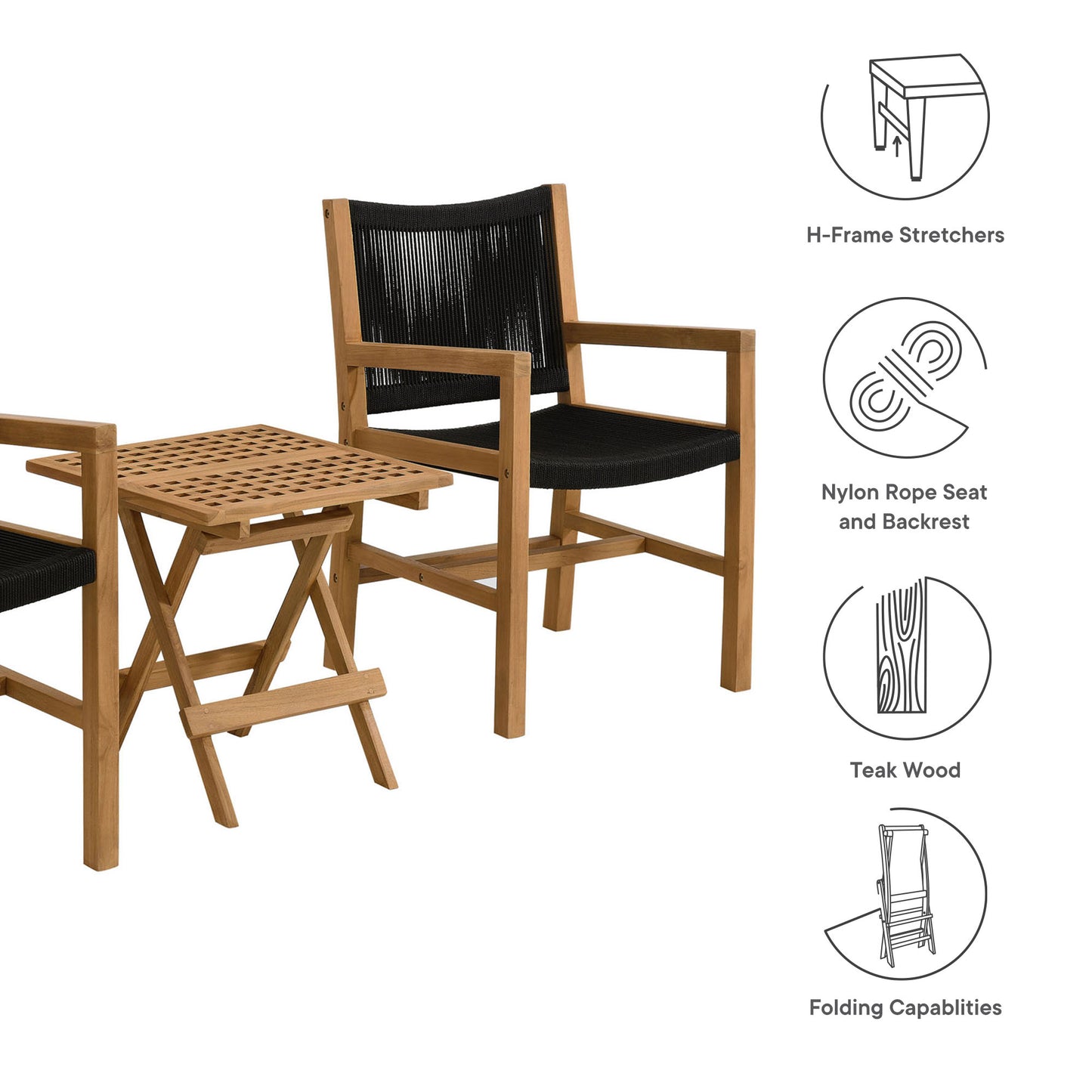 Vienna 3-Piece Outdoor Patio Teak and Rope Armchairs with Folding Side Table by Modway | Outdoor Chairs | Modishstore - 4