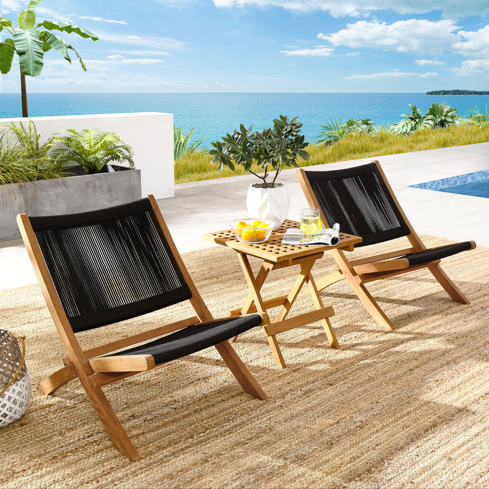 Vienna 3-Piece Outdoor Patio Teak and Rope Folding Lounge Chairs and Side Table by Modway | Outdoor Chairs | Modishstore - 1