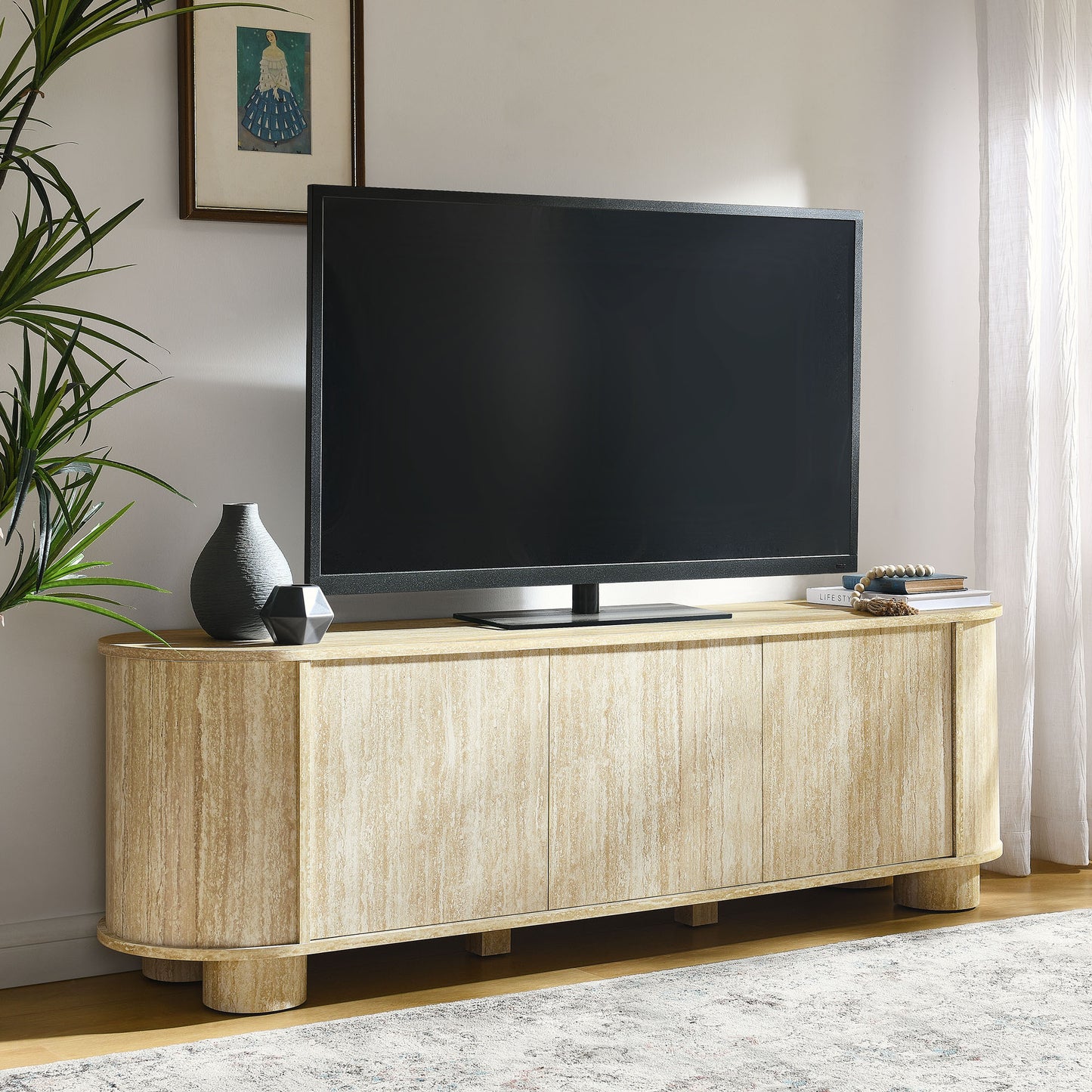 Overture 63Ó Oval Faux Travertine TV Stand by Modway | Tv Stands | Modishstore - 1