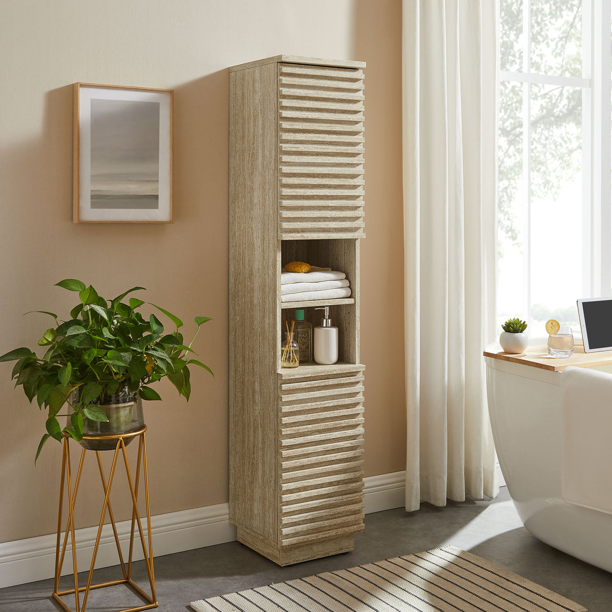 Render Tall Narrow Faux Travertine Linen Storage Cabinet by Modway | Bathroom Accessories | Modishstore - 1